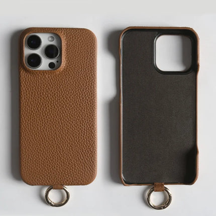For iPhone 16 Pro Max Case With Lanyard Genuine Cow Leather PC Phone Back Cover