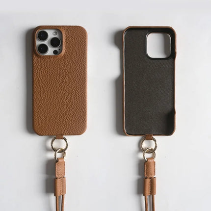 For iPhone 16 Pro Max Case With Lanyard Genuine Cow Leather PC Phone Back Cover