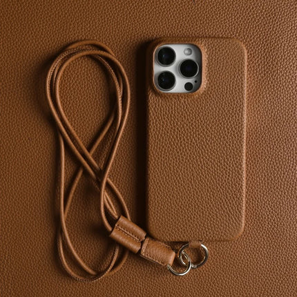 For iPhone 16 Pro Max Case With Lanyard Genuine Cow Leather PC Phone Back Cover