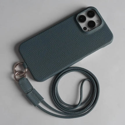 For iPhone 16 Pro Max Case With Lanyard Genuine Cow Leather PC Phone Back Cover