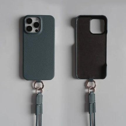 For iPhone 16 Pro Max Case With Lanyard Genuine Cow Leather PC Phone Back Cover