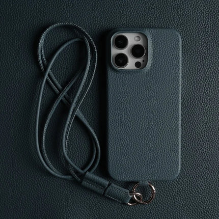 For iPhone 16 Pro Max Case With Lanyard Genuine Cow Leather PC Phone Back Cover