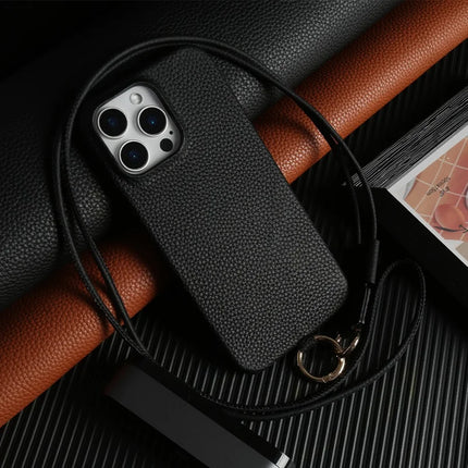 For iPhone 16 Pro Max Case With Lanyard Genuine Cow Leather PC Phone Back Cover - Black