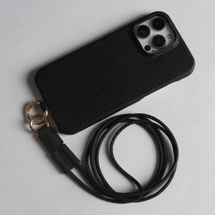 For iPhone 16 Pro Max Case With Lanyard Genuine Cow Leather PC Phone Back Cover