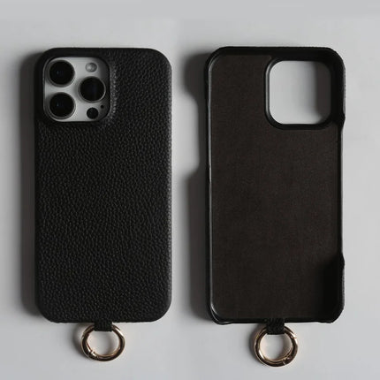 For iPhone 16 Pro Max Case With Lanyard Genuine Cow Leather PC Phone Back Cover