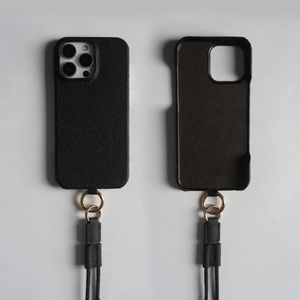 For iPhone 16 Pro Max Case With Lanyard Genuine Cow Leather PC Phone Back Cover
