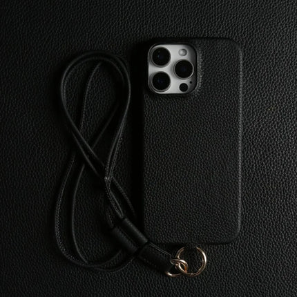 For iPhone 16 Pro Max Case With Lanyard Genuine Cow Leather PC Phone Back Cover