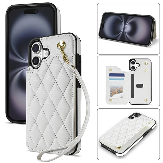 For iPhone 16 Plus Case with Wrist Strap Card Slots Rhombus Leather + TPU Phone Cover - White