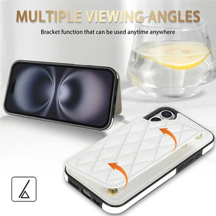 For iPhone 16 Plus Case with Wrist Strap Card Slots Rhombus Leather + TPU Phone Cover
