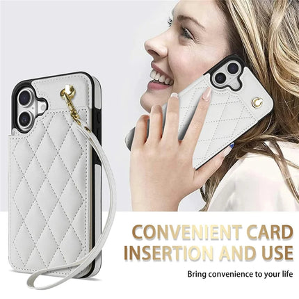 For iPhone 16 Plus Case with Wrist Strap Card Slots Rhombus Leather + TPU Phone Cover