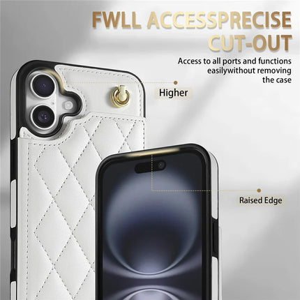 For iPhone 16 Plus Case with Wrist Strap Card Slots Rhombus Leather + TPU Phone Cover