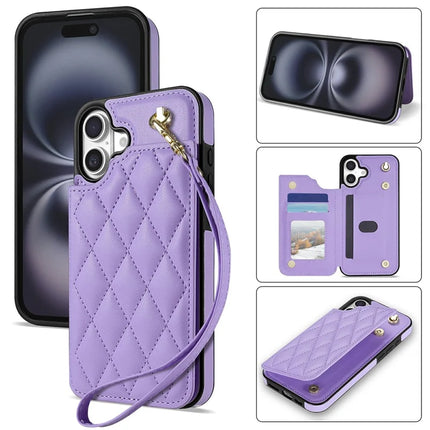 For iPhone 16 Plus Case with Wrist Strap Card Slots Rhombus Leather + TPU Phone Cover - Purple