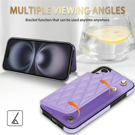 For iPhone 16 Plus Case with Wrist Strap Card Slots Rhombus Leather + TPU Phone Cover