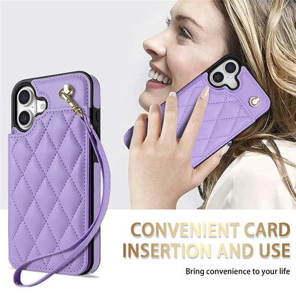 For iPhone 16 Plus Case with Wrist Strap Card Slots Rhombus Leather + TPU Phone Cover