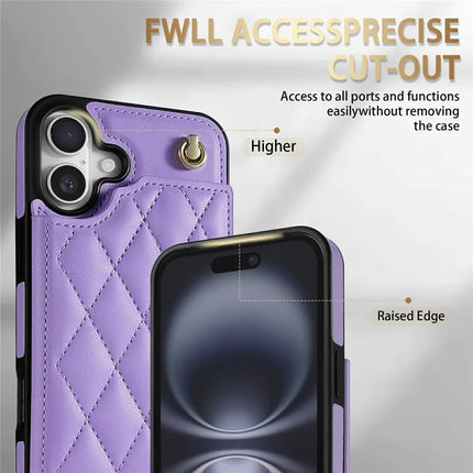 For iPhone 16 Plus Case with Wrist Strap Card Slots Rhombus Leather + TPU Phone Cover
