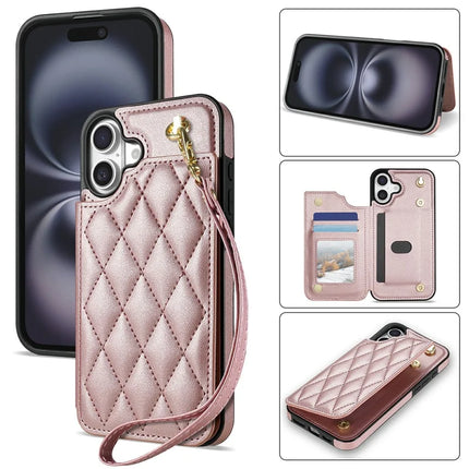 For iPhone 16 Plus Case with Wrist Strap Card Slots Rhombus Leather + TPU Phone Cover - Rose Gold