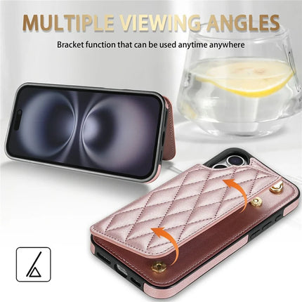 For iPhone 16 Plus Case with Wrist Strap Card Slots Rhombus Leather + TPU Phone Cover