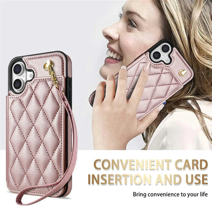 For iPhone 16 Plus Case with Wrist Strap Card Slots Rhombus Leather + TPU Phone Cover