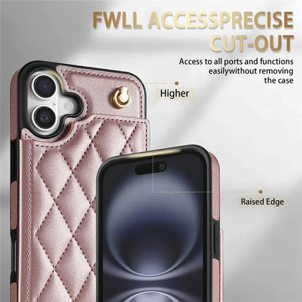 For iPhone 16 Plus Case with Wrist Strap Card Slots Rhombus Leather + TPU Phone Cover