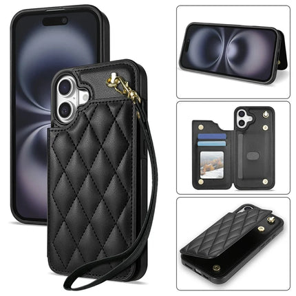 For iPhone 16 Plus Case with Wrist Strap Card Slots Rhombus Leather + TPU Phone Cover - Black