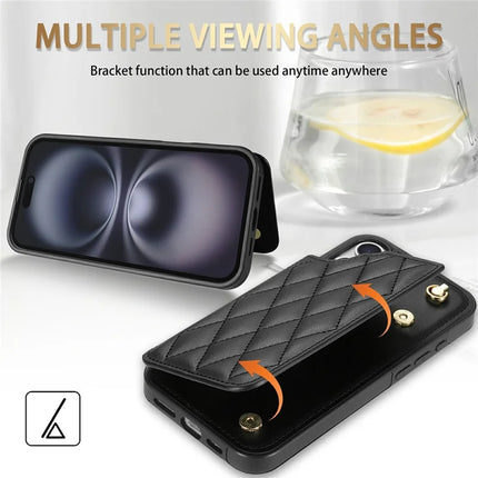 For iPhone 16 Plus Case with Wrist Strap Card Slots Rhombus Leather + TPU Phone Cover