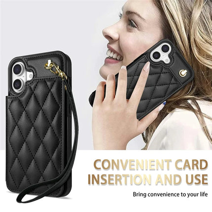 For iPhone 16 Plus Case with Wrist Strap Card Slots Rhombus Leather + TPU Phone Cover