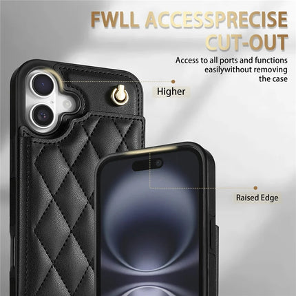 For iPhone 16 Plus Case with Wrist Strap Card Slots Rhombus Leather + TPU Phone Cover