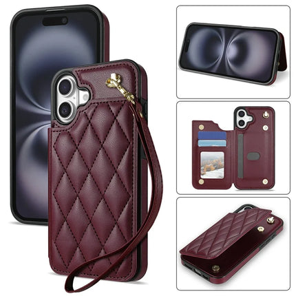 For iPhone 16 Plus Case with Wrist Strap Card Slots Rhombus Leather + TPU Phone Cover - Wine Red