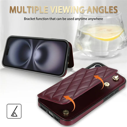 For iPhone 16 Plus Case with Wrist Strap Card Slots Rhombus Leather + TPU Phone Cover