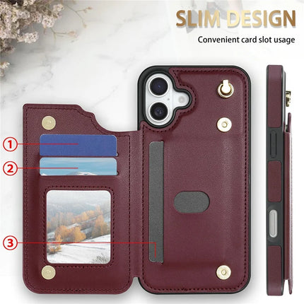 For iPhone 16 Plus Case with Wrist Strap Card Slots Rhombus Leather + TPU Phone Cover