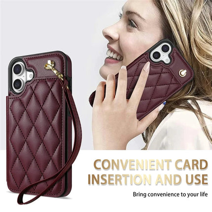 For iPhone 16 Plus Case with Wrist Strap Card Slots Rhombus Leather + TPU Phone Cover
