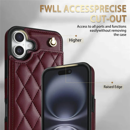 For iPhone 16 Plus Case with Wrist Strap Card Slots Rhombus Leather + TPU Phone Cover