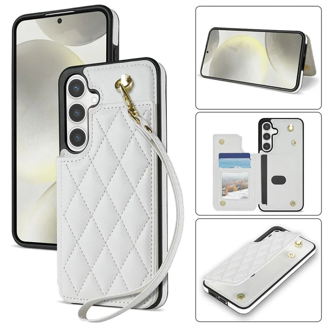 For Samsung Galaxy A16 5G  /  4G Case with Wrist Strap Card Slots Rhombus Leather + TPU Phone Cover - White