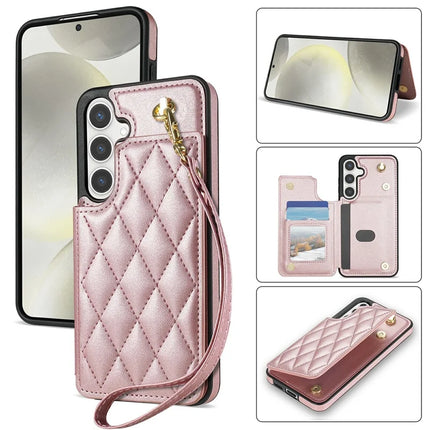 For Samsung Galaxy A16 5G  /  4G Case with Wrist Strap Card Slots Rhombus Leather + TPU Phone Cover - Rose Gold