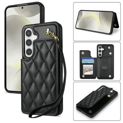 For Samsung Galaxy A16 5G  /  4G Case with Wrist Strap Card Slots Rhombus Leather + TPU Phone Cover - Black
