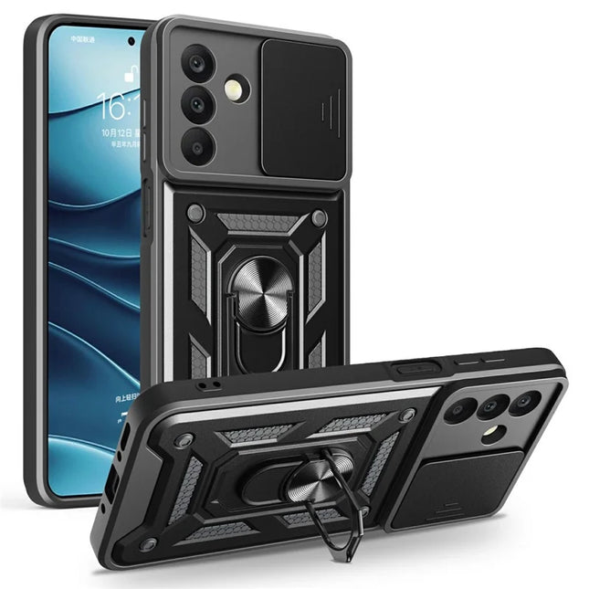 For Samsung Galaxy A26 5G Case with Slide Camera Lid PC+TPU Kickstand Phone Cover - Black