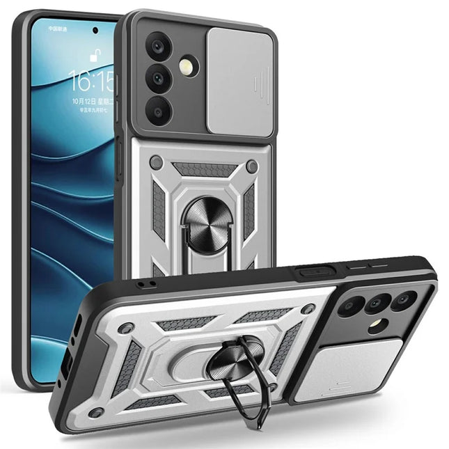 For Samsung Galaxy A26 5G Case with Slide Camera Lid PC+TPU Kickstand Phone Cover - Silver