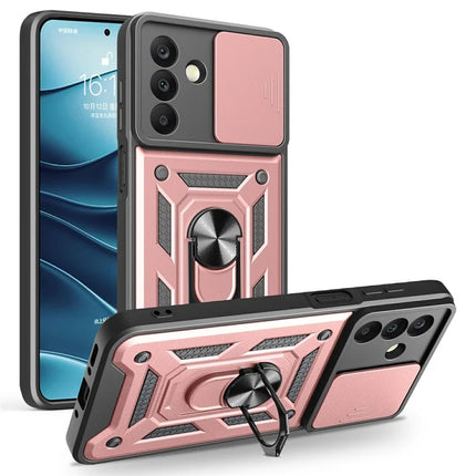 For Samsung Galaxy A26 5G Case with Slide Camera Lid PC+TPU Kickstand Phone Cover - Rose Gold
