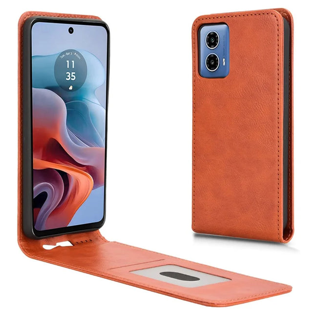 For Motorola Moto G45 5G  /  G34 5G Case with Card Slot Magnetic Vertical Flip Leather Phone Cover - Orange
