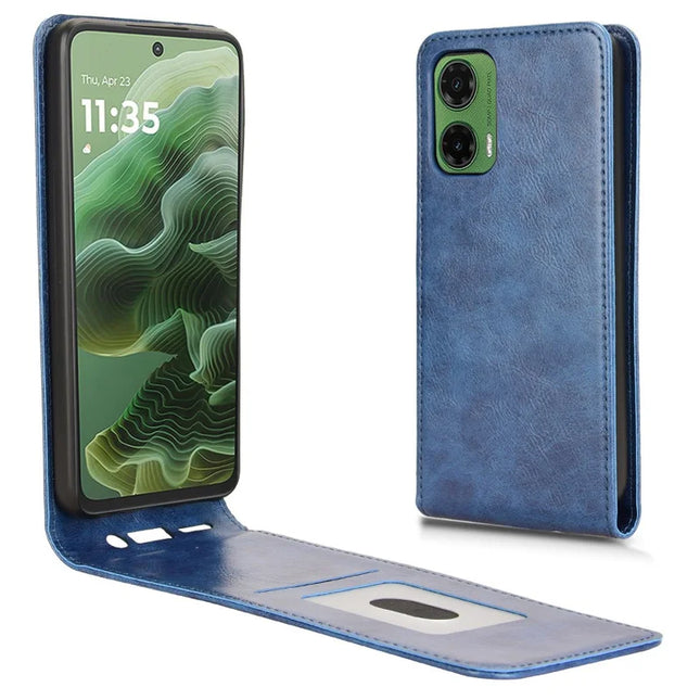 For Motorola Moto G35 5G Case with Card Slot Magnetic Vertical Flip Leather Phone Cover - Dark Blue