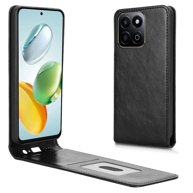 Leather Case For Honor 200 Smart 5G  /  Play 60 Plus 5G  /  Play 9T  /  X7c 4G Magnetic Vertical Flip Phone Cover with Card Slot - Black