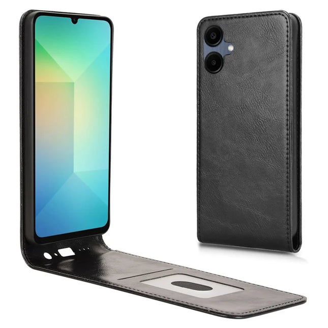 For Samsung Galaxy A06 Case with Card Slot Magnetic Vertical Flip Leather Phone Cover - Black