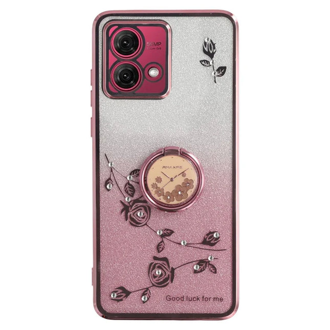 KADEM For Motorola Moto G84 5G Case Ring Kickstand TPU Flowers Phone Cover Gradient Glitter - Rose Gold