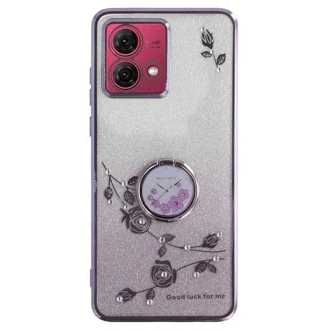 KADEM For Motorola Moto G84 5G Case Ring Kickstand TPU Flowers Phone Cover Gradient Glitter - Purple