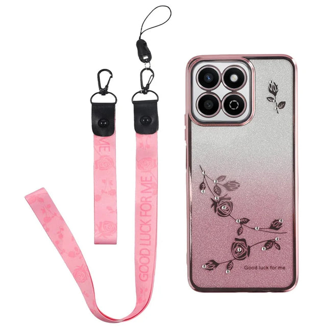 KADEM For Honor Play 60 Plus 5G Case Flower Pattern TPU Gradient Phone Cover with Lanyards - Rose Gold
