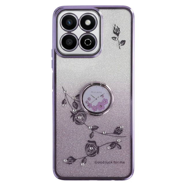 KADEM For Honor Play 60 Plus 5G Case Ring Kickstand TPU Flowers Phone Cover Gradient Glitter - Purple