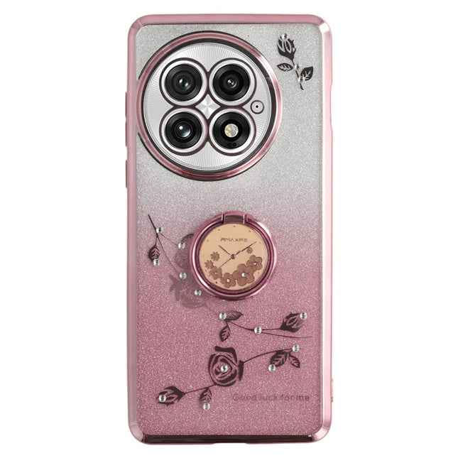 KADEM For OnePlus 13 Case Ring Kickstand TPU Flowers Phone Cover Gradient Glitter - Rose Gold