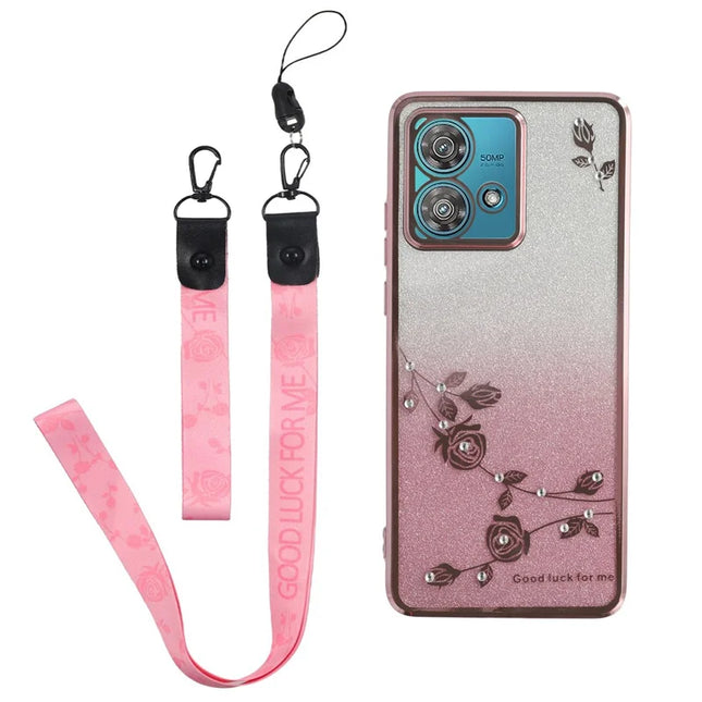 KADEM For Motorola Edge 40 Neo 5G Case Flower Pattern TPU Gradient Phone Cover with Lanyards - Rose Gold