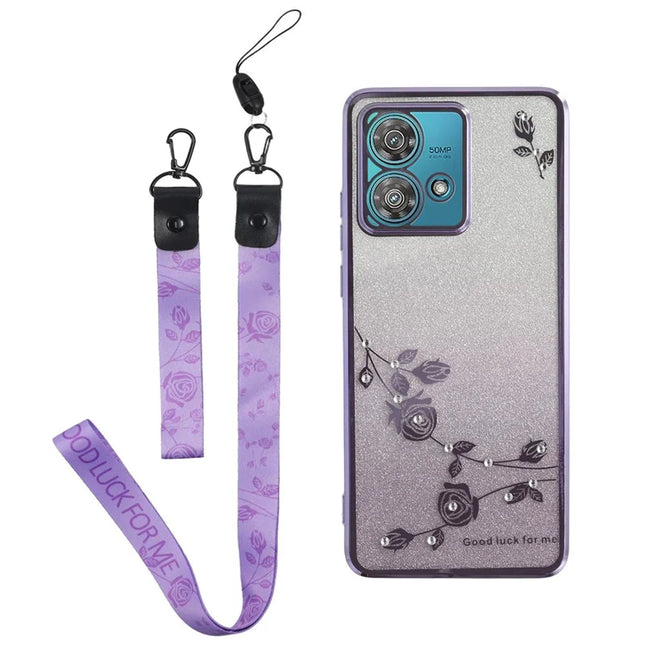 KADEM For Motorola Edge 40 Neo 5G Case Flower Pattern TPU Gradient Phone Cover with Lanyards - Purple
