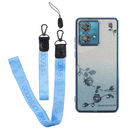 KADEM For Motorola Edge 40 Neo 5G Case Flower Pattern TPU Gradient Phone Cover with Lanyards - Blue